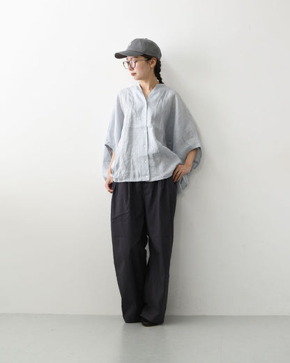 mizuiro ind [ミズイロ インド] linen stand collar cocoon shirt [2-230136] リネンスタンドカラーコクーンシャツ・コクーンシルエット・ワイドシルエット・スタンドカラーシャツ・ゆったりシルエット・通気性・吸湿性・LADY'S [2026SS]