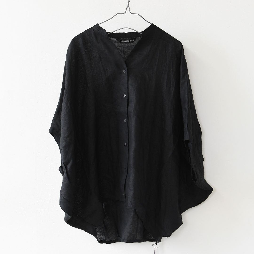 mizuiro ind [ミズイロ インド] linen stand collar cocoon shirt [2-230136] リネンスタンドカラーコクーンシャツ・コクーンシルエット・ワイドシルエット・スタンドカラーシャツ・ゆったりシルエット・通気性・吸湿性・LADY'S [2026SS]