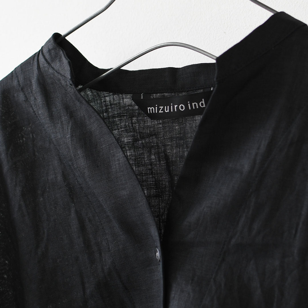 mizuiro ind [ミズイロ インド] linen stand collar cocoon shirt [2-230136] リネンスタンドカラーコクーンシャツ・コクーンシルエット・ワイドシルエット・スタンドカラーシャツ・ゆったりシルエット・通気性・吸湿性・LADY'S [2026SS]