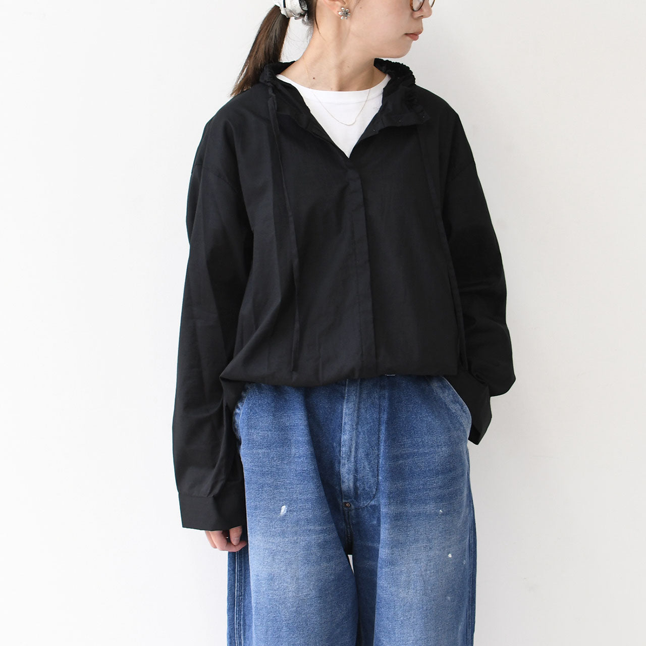 mizuiro ind [ミズイロ インド] gathered stand collar shirt [3-230106] ギャザースタンドカラーシャツ [2025AW]