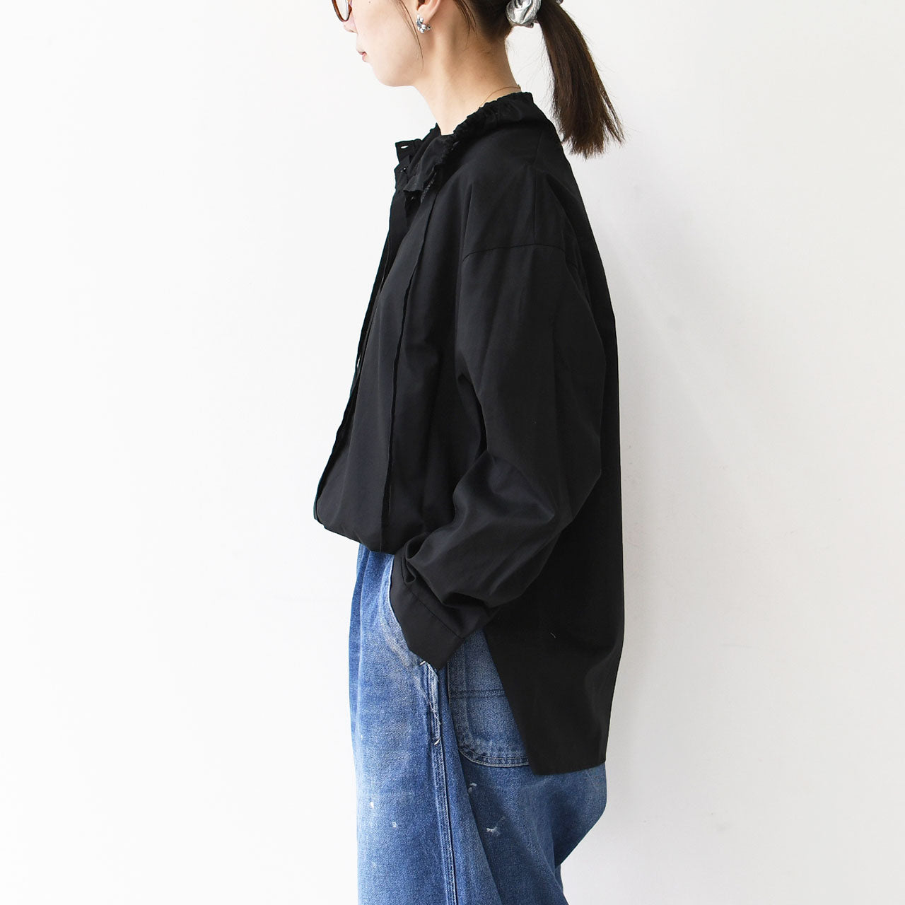 mizuiro ind [ミズイロ インド] gathered stand collar shirt [3-230106] ギャザースタンドカラーシャツ [2025AW]