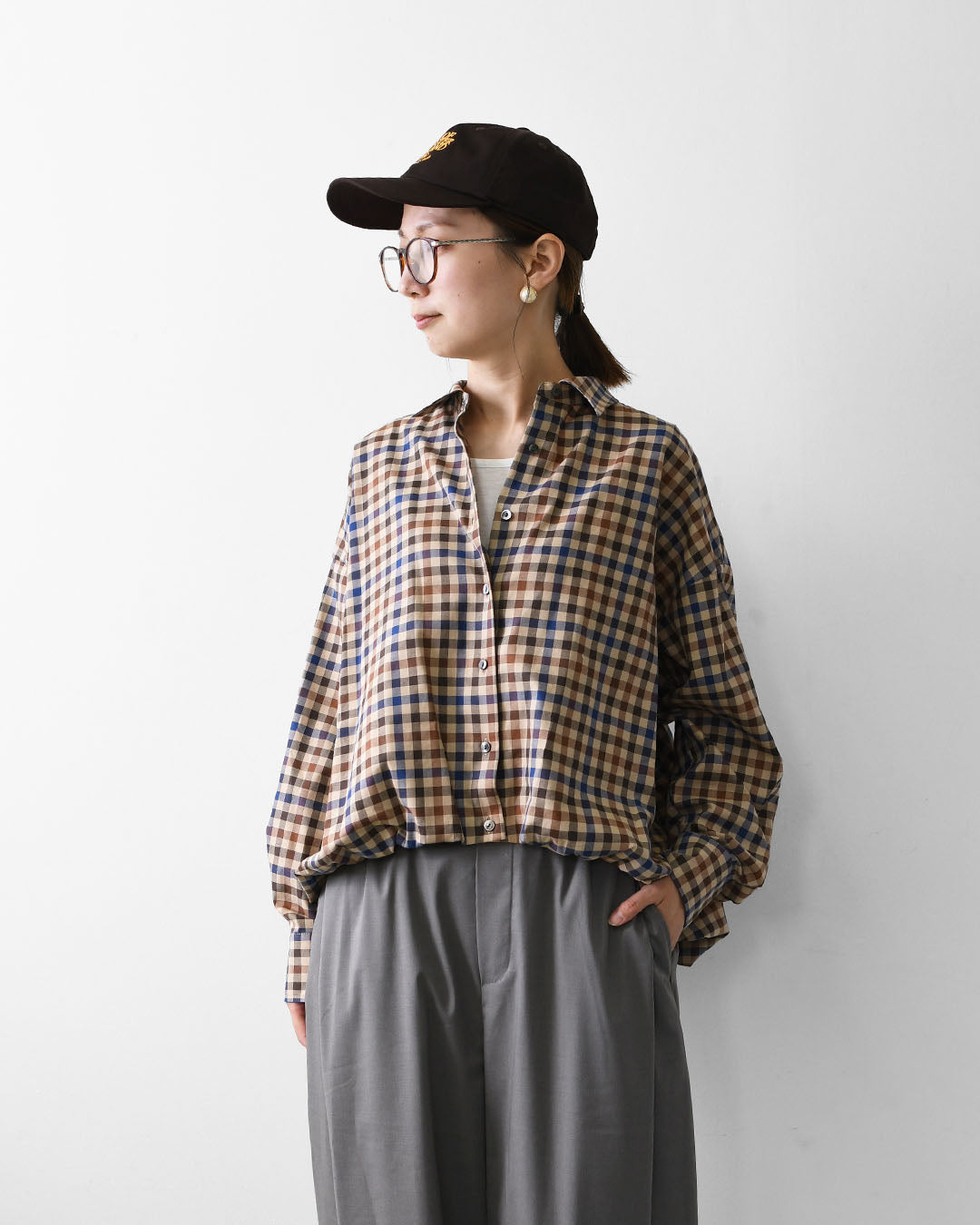mizuiro ind [ミズイロ インド] check long slv ballon shirt [3-230124] チェックロングスリーブバルーンシャツ・レギュラーカラー・チェック・シンプル・カジュアル・LADY'S [2026AW]