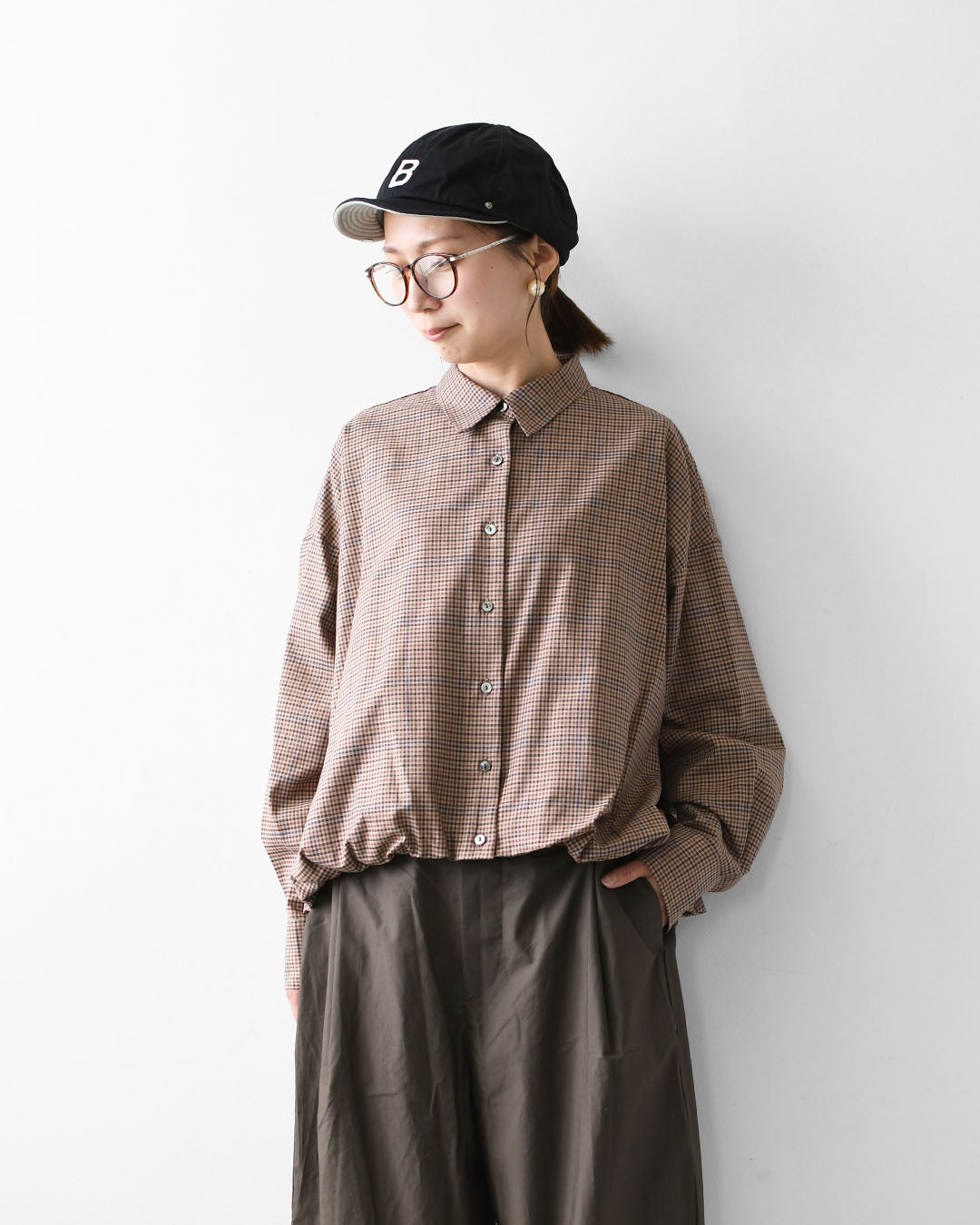 mizuiro ind [ミズイロ インド] check long slv ballon shirt [3-230124] チェックロングスリーブバルーンシャツ・レギュラーカラー・チェック・シンプル・カジュアル・LADY'S [2026AW]