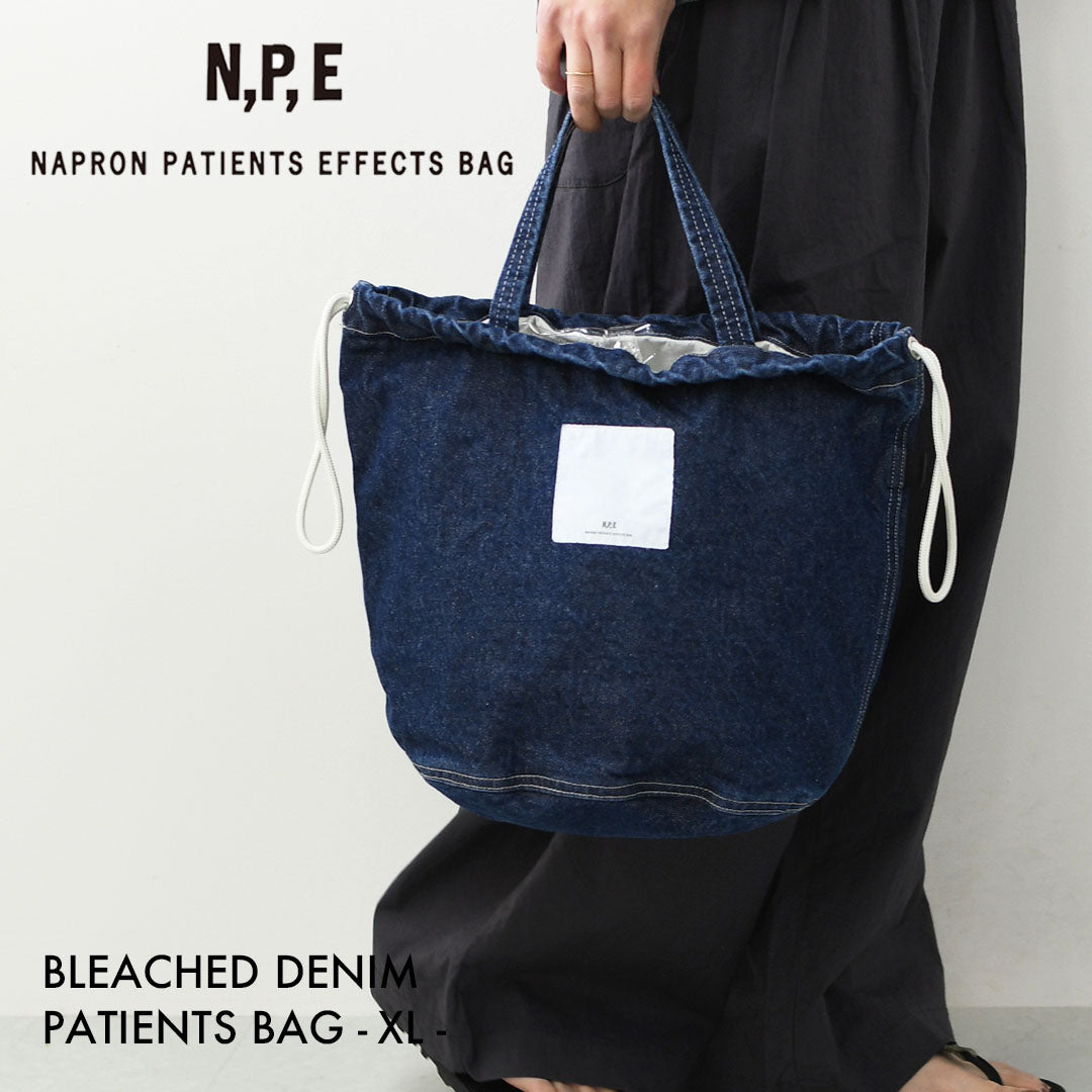 N.P.E NAPRON PATIENTS EFFECTS BAG [エヌピーイーナプロンペイシェントエフェクトバッグ] BLEACHED DENIM PATIENTS BAG M [NPE01-7307M] ブリーチド デニム ペイシェントバッグ M・ペイシェントバッグ・巾着バッグ・コットンバッグ・MEN'S / LADY'S [2026SS]