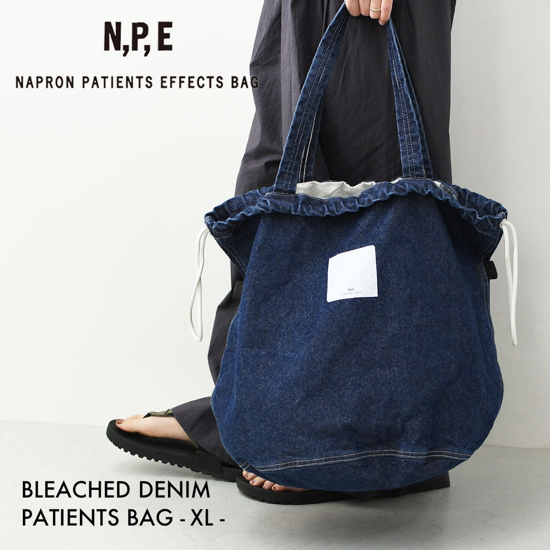 N.P.E NAPRON PATIENTS EFFECTS BAG [エヌピーイーナプロンペイシェントエフェクトバッグ] BLEACHED DENIM PATIENTS BAG XL  [NPE01-7307XL] ブリーチド デニム ペイシェントバッグ XL・ペイシェントバッグ・巾着バッグ・コットンバッグ・MEN'S / LADY'S [2026SS]